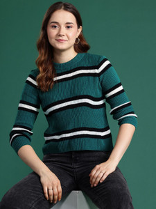 Dressberry Striped Round Neck Casual Women Green Sweater