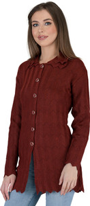 Luciana Self Design Collared Neck Party Women Maroon Sweater