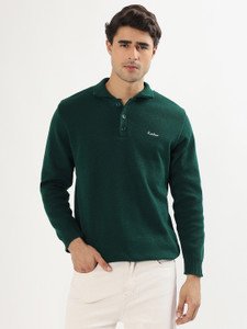 kveto Solid Collared Neck Casual Men Dark Green Sweater