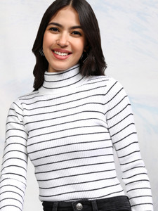 Tokyo Talkies Woven Turtle Neck Casual Women White Sweater