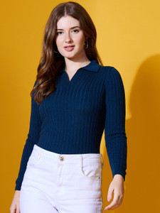 98 Degree North Self Design, Striped Collared Neck Casual Women Blue Sweater