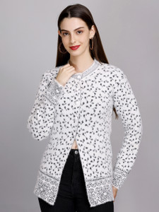 eWools Printed Round Neck Casual Women White Sweater