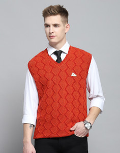 MONTE CARLO Self Design V Neck Casual Men Maroon Sweater