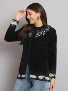 eWools Floral Print Collared Neck Casual Women Black Sweater