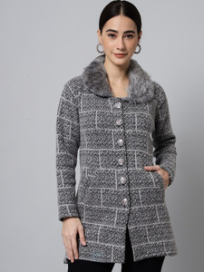 eWools Self Design Collared Neck Casual Women Grey Sweater