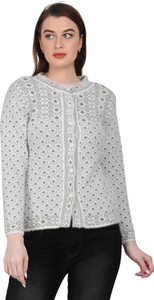 chatanya Woven Round Neck Casual Women White Sweater