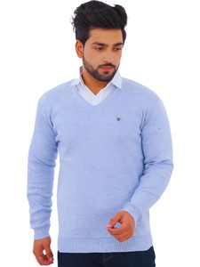 KLOVE Self Design V Neck Formal Men Light Blue Sweater