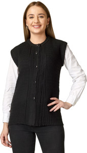 LUFEEP Self Design, Woven Round Neck Casual Women Black Sweater
