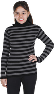 100LUCK Striped Turtle Neck Casual Girls Black Sweater