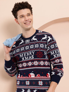 Mast & Harbour Self Design Round Neck Casual Men Blue Sweater