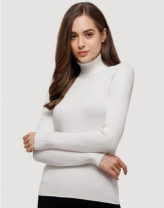 RAKEEBA Striped High Neck Casual Women White Sweater
