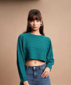 Tokyo Talkies Solid Crew Neck Casual Women Blue Sweater