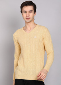 MONTE CARLO Self Design V Neck Casual Men Yellow Sweater