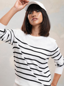 Tokyo Talkies Striped Round Neck Casual Women White Sweater