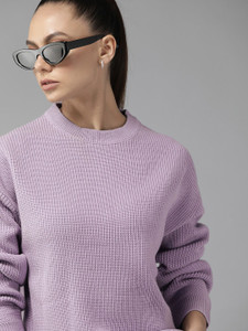 Roadster Solid Round Neck Casual Women Purple Sweater