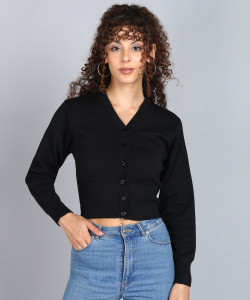 Kiyansh Creation Solid V Neck Casual Women Black Sweater