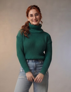 WOOLBERRY Self Design High Neck Casual Women Green Sweater