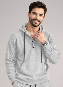 MADBROS Solid Hooded Neck Casual Men Grey Sweater