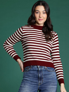 Dressberry Striped Round Neck Casual Women White Sweater