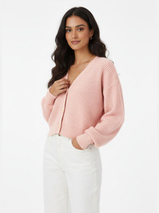 Glitchez Self Design V Neck Casual Women Pink Sweater