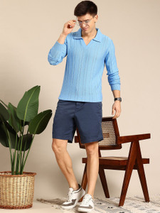 Mast & Harbour Self Design V Neck Casual Men Blue Sweater
