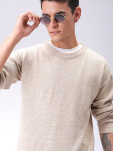 The Indian Garage Co. Solid Crew Neck Casual Men Beige Sweater