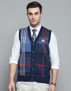 MONTE CARLO Self Design V Neck Casual Men Blue Sweater