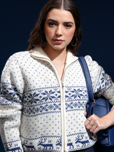 Tokyo Talkies Self Design Collared Neck Casual Women White Sweater