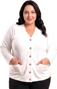ENOV Self Design V Neck Casual Women White Sweater