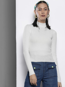 SASSAFRAS Striped High Neck Casual Women White Sweater