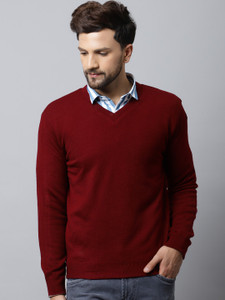 CANTABIL Solid V Neck Casual Men Reversible Maroon Sweater