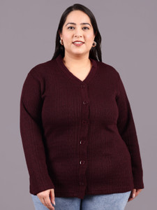 hifzaa Self Design V Neck Casual Women Maroon Sweater