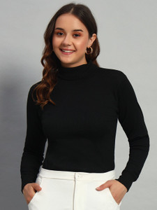 BLACK BLINK Solid High Neck Casual Women Black Sweater