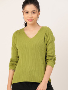 Dressberry Self Design V Neck Casual Women Green Sweater