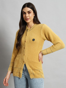 eWools Self Design V Neck Casual Women Gold Sweater