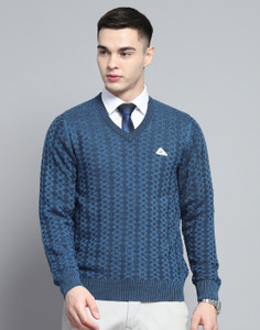 MONTE CARLO Self Design V Neck Casual Men Dark Blue Sweater