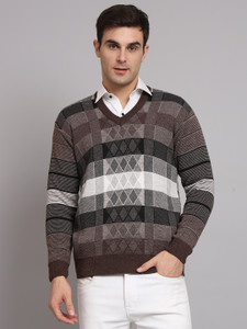 eWools Striped V Neck Casual Men Brown Sweater