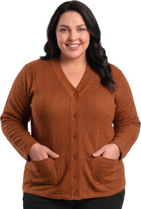 ENOV Self Design V Neck Casual Women Orange Sweater