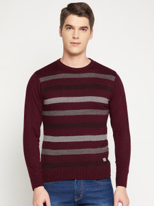 DUKE Striped Round Neck Casual Men Maroon, White Sweater
