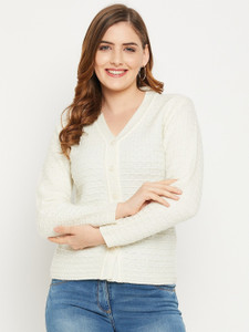 Zigo Self Design V Neck Casual Women White Sweater