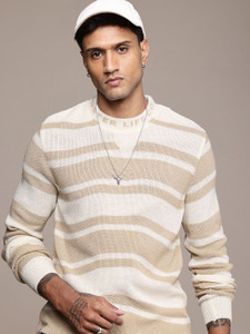 Roadster Striped Round Neck Casual Men Beige Sweater