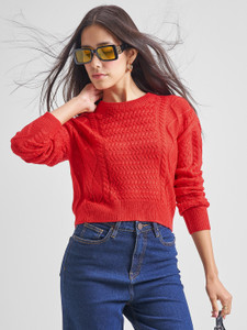 Tokyo Talkies Solid Round Neck Casual Women Red Sweater