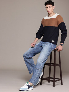 Roadster Colorblock Round Neck Casual Men Blue Sweater