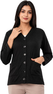 LE ARC Solid V Neck Casual Women Black Sweater