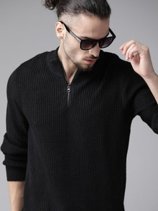 Roadster Self Design High Neck Casual Men Black Sweater