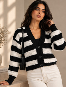 FEVERFEW Women Striped V Neck Black Sweater - Image 1