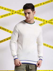 The Indian Garage Co. Self Design Crew Neck Casual Men White Sweater