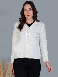 chatanya Self Design V Neck Casual Women White Sweater