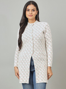 DUKE Self Design Mandarin Neck Casual Women White Sweater