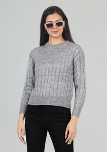 WOOLBERRY Self Design Round Neck Casual Women Grey Sweater